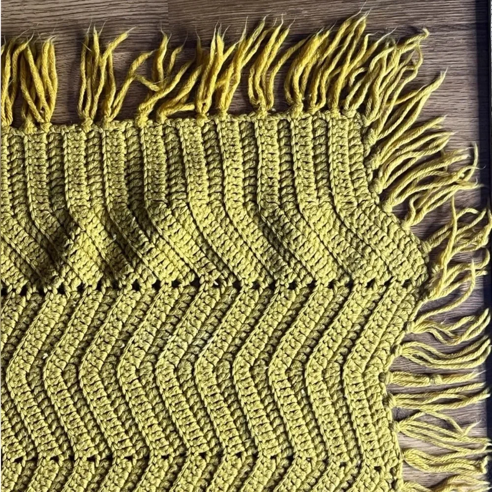 Vintage Crochet Afghan Throw Blanket Zig Zag Chevron Mustard Yellow Handmade